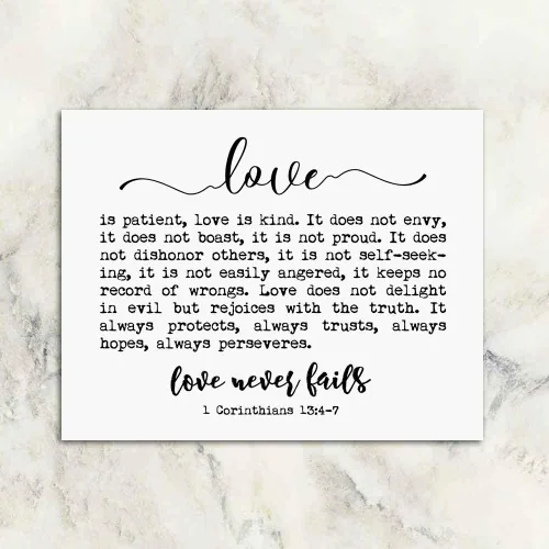 Miniatura 6 de OFlyDesigns Letrero de amor nunca falla, 1 Corinthians 13 citas, impresión artística de 8 x 10 pulgadas, sin marco, arte de pared para dormitorio