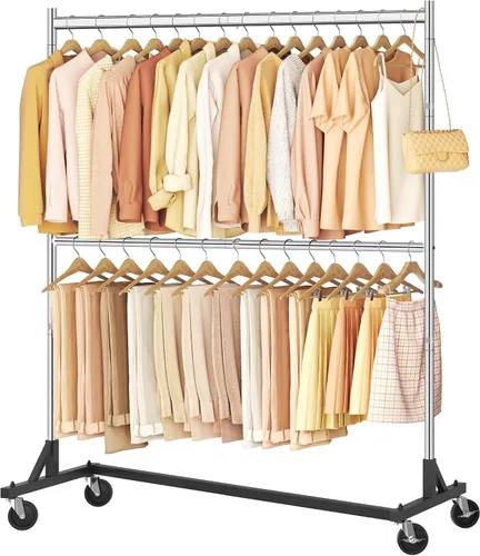 Miniatura 11 de Hoctieon Estante de doble barra Z, estantes de ropa rodantes con base en Z, perchero ajustable para ropa, perchero de pie para ropa de pie, perchero