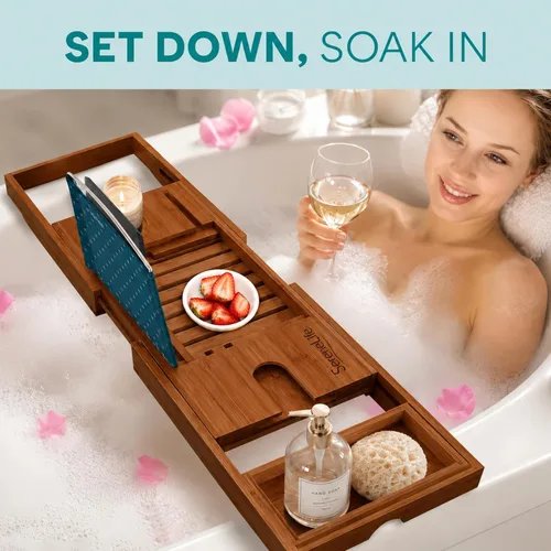 Miniatura 7 de SereneLife Bandeja de bañera premium con caja de regalo y juego de lazo, bandeja de baño expandible, regalos únicos de inauguración de la casa