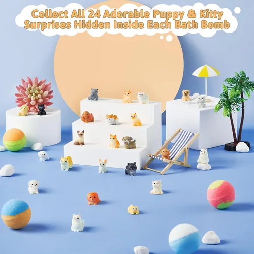 Miniatura 4 de Bombas de baño para niños con sorpresas en el interior, paquete de 24 bombas de baño para niños con juguetes de perritos y gatitos, bombas de baño