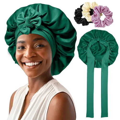 Miniatura 13 de Gorro de satén para mujer, con banda de amarre para el cabello, para dormir, grande de 2 capas, gorro de dormir de seda para dormir con 3 coleteros