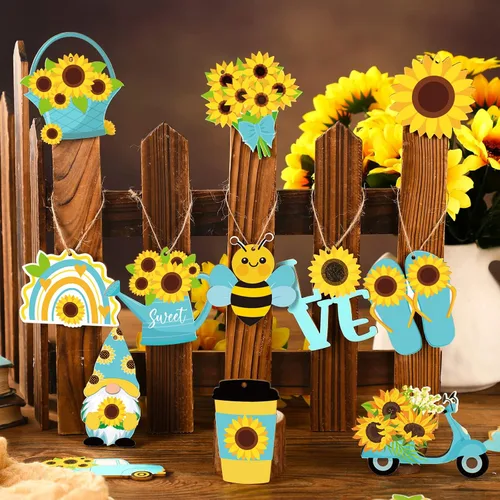 Miniatura 4 de Chunful Adorno de árbol de gnomo de girasol de verano, adornos colgantes de madera para primavera, decoración de árbol pequeño con cuerda