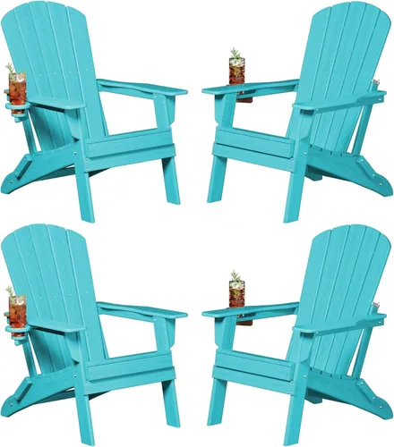 Miniatura 14 de Plawdlik Adirondack Juego de 2 sillas plegables, probadas por SGS, textura de madera con portavasos, polietileno de alta densidad resistente a todo