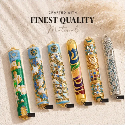 Miniatura 8 de Mezuzah esmaltada pintada a mano adornada con un árbol de la vida diseño con detalles dorados y cristales por Matashi, (MTMZ221)
