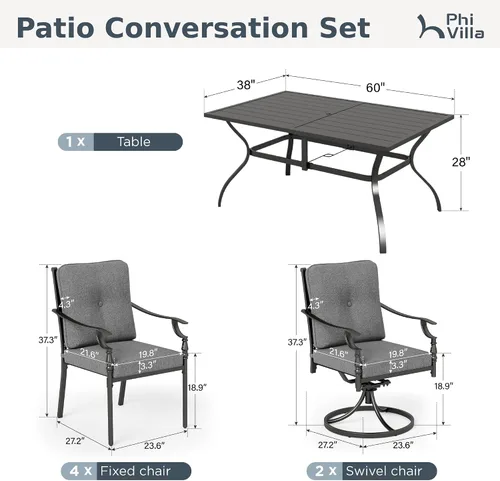 Miniatura 9 de PHI VILLA - Juego de comedor para exterior de 7 piezas para 6, mesa rectangular de acero negro con sillas fijas y giratorias de hierro, gran juego