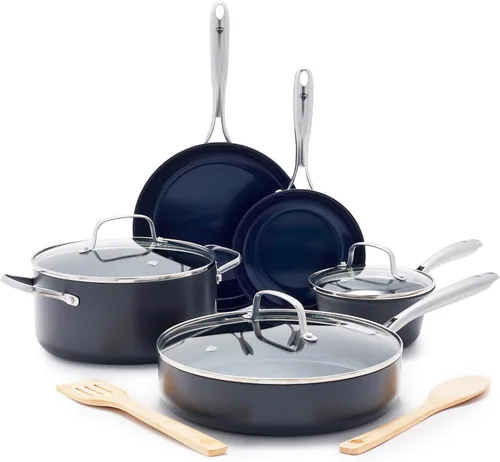Blue Diamond Cookware - Juego de ollas y sartenes de cerámica anodizada dura, antiadherente, 10 piezas, no tóxico, sin PFAS, apto para lavavajillas