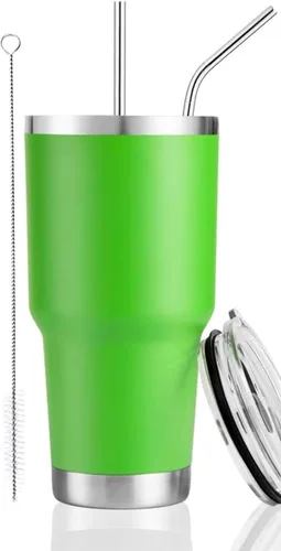 Miniatura 24 de D·S Vaso de 30 onzas con purpurina verde de Navidad con gradiente de acero inoxidable de doble pared aislada al vacío con popote y tapa, cepillo
