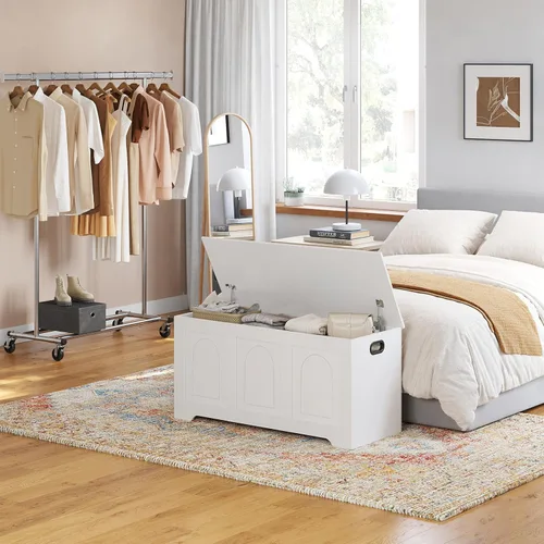 Miniatura 2 de DINZI LVJ Baúl de almacenamiento, caja de juguetes de madera de 39.4 pulgadas con 2 bisagras de seguridad, banco de zapatos de entrada con tapa