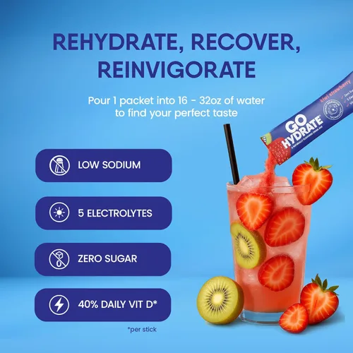 Miniatura 2 de GoHydrate Paquetes de polvo de hidratación instantánea, mezcla de bebidas con electrolitos bajos en sodio, apoyo de hidratación natural, bebida