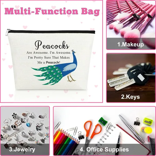 Miniatura 7 de Mxrymvu Bolsa de cosméticos de pavo real, regalos temáticos de pavo real para amantes - Bolsa de maquillaje inspiradora, Beige, Pavo real