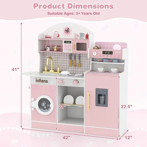 Miniatura 9 de INFANS Juego de cocina para niños, juego de cocina de madera para niños pequeños, juego de juguetes de cocina con cafetera, máquina de hielo, Rosa