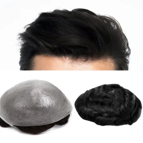 GEXWORLDWIDE GEX - Peluca de cabello humano ultra fino de 62 colores para hombre, 0.002 in, 8 x 10 pulgadas, cabello humano negro azabache oscuro,
