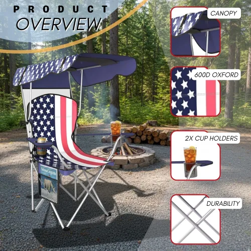 Miniatura 7 de Sillas de Camping Plegables Portátiles con Toldo de Sombra, Silla de Playa para Adultos, Tela Oxford 600D Duradera Resistente a la Intemperie, Silla