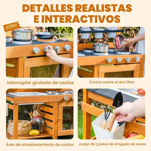 Miniatura 9 de ROBUD Cocina de Barro para Niños al Aire Libre, Cocina de Juego de Madera al Aire Libre, Cocina de Barro para Niños con Fregadero y Grifo