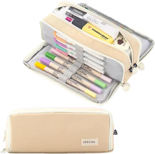 Miniatura 8 de iSuperb - Estuche grande para lápices con gran capacidad, de lona, con 3 compartimentos, bolsa para bolígrafos, bolsa de marcadores