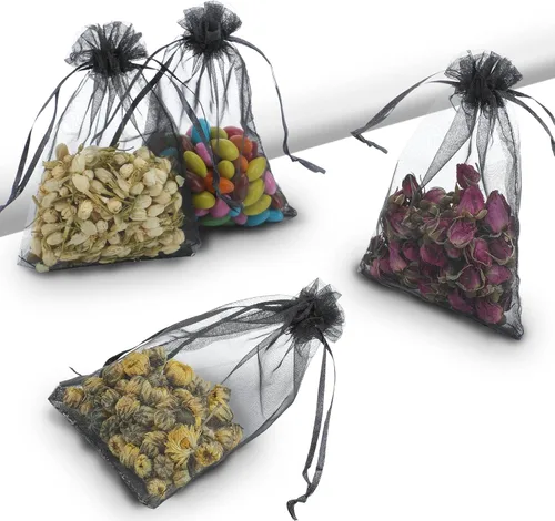 Miniatura 4 de Kslong 100 bolsas pequeñas de malla con cordón de 3x4, bolsas de organza transparentes con cordón para joyería, bolsas de malla para favores de Negro