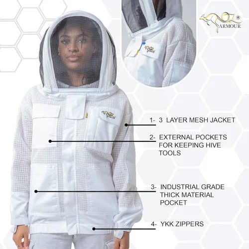 Miniatura 3 de Chaqueta ventilada de apicultura ultra fresca de 3 capas de malla con 2 capuchas de esgrima y sombrero de ala redonda, Blanco