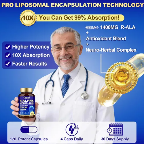 Miniatura 6 de R Ácido alfa lipoico 1400 mg suplementos de neuropatía, suplementos de ALA estabilizados 28 en 1 con L-carnitina, NAC y benfotiamina, suplemento