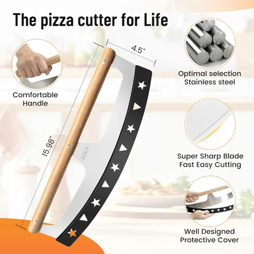 Miniatura 2 de Cortador de Pizza Basculante con Mangos de Madera y Cubierta Protectora por Zocy, Rueda Cortadora de Pizza de Acero Inoxidable Afilado de 16