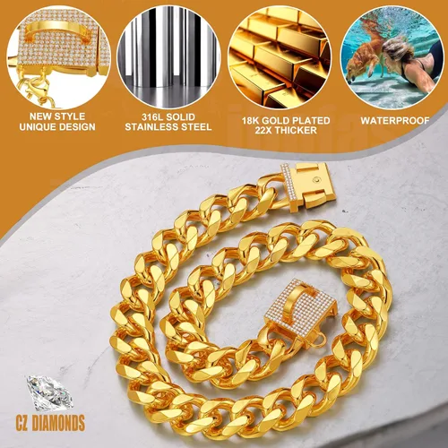 Miniatura 4 de Collar de cadena para perro, collar de lujo para perro, dorado con hebilla de circonita cúbica de 0.748 in, cadena de eslabones cubanos de metal