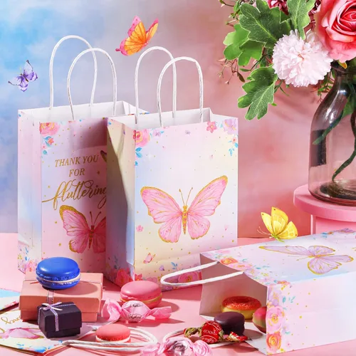 Miniatura 2 de TaoBary 24 bolsas de papel con asas para regalo de fiesta de mariposas, regalos de fiesta de cumpleaños, baby shower (estilo acuarela)