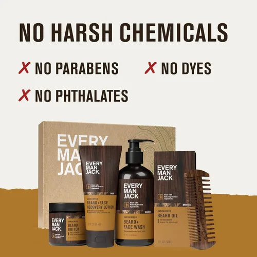 Miniatura 8 de Every Man Jack Beard Essentials Set de regalo para hombres, rutina completa con 5 elementos esenciales de tamaño completo, aroma de sándalo, lavado