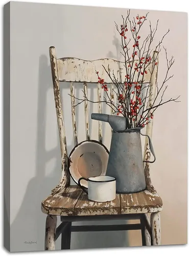 Arte de Pared de Lienzo de Granja Decoración Rústica de Flores Pintura Temática Cuadro de Baño Decoración de Pared Arte Enmarcado en Madera Fácil de