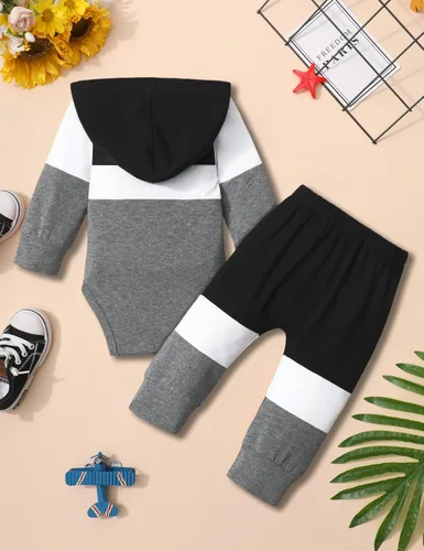 Miniatura 7 de Ropa de bebé niño de manga larga, sudadera con capucha con estampado de letras + pantalones de retazos, 2 piezas, trajes de otoño e invierno