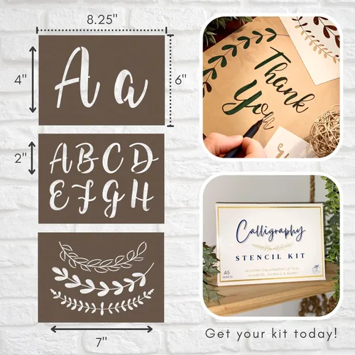 Miniatura 6 de Kit de plantillas para plantillas de caligrafía boutique, 45 piezas reutilizables, letras superiores, minúsculas, grandes y pequeños, números