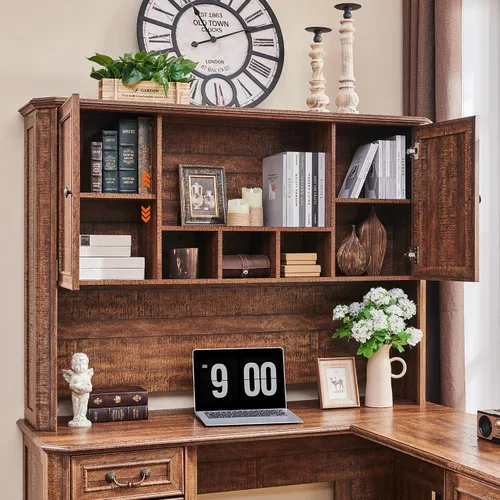 Miniatura 7 de T4TREAM - Escritorio ejecutivo en forma de L de 59 pulgadas con cajones, escritorio de computadora de madera estilo granja, con estación de carga