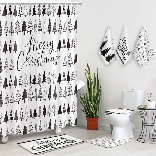 Miniatura 9 de Newwiee 7 piezas de juego de baño de Navidad, cortina de ducha de Navidad, cortina de ducha decorativa antideslizante, alfombras y toallas