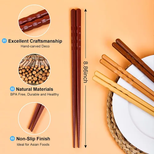 Miniatura 3 de MFJUNS 5 pares de palillos japoneses minimalistas reutilizables, juego de madera natural antideslizante de 8.8 pulgadas, ideal para sushi, fideos