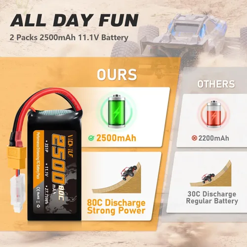 Miniatura 4 de 3S Lipo Batería 2500mAh 11.1V 80C Alta tasa de descarga Shorty Pack Baterías RC con XT60 Plug Fit para RC Avión FPV Quadcopter Helicóptero Drone