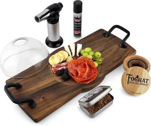 Foghat - Juego de charcutería para ahumar cóctel con Cloche, tabla, barril de whisky bourbon, roble culinario, virutas de madera y antorcha para