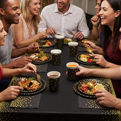 Miniatura 4 de Juego de vajilla desechable dorada de 176 piezas y vajilla de fiesta desechable con lunares dorados, platos de papel negro, servilletas, vasos