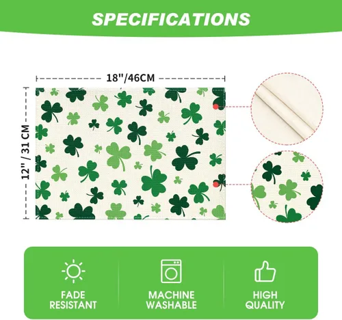 Miniatura 6 de Artoid Mode Juego de 4 manteles individuales del día de San Patricio con trébol beige de 12 x 18 pulgadas para decoración de fiestas, cocina, comedor