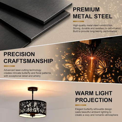 Miniatura 5 de Lámpara de techo semiempotrada, lámpara de techo rústica de metal de pergamino blanco con diseño de mariposa, candelabros negros industriales de 3