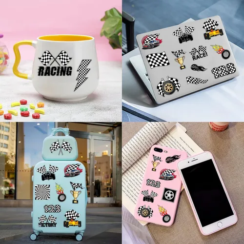 Miniatura 9 de Juego de 72 piezas de bandera a cuadros, 48 tatuajes temporales y 24 pulseras de palmada, suministros de cumpleaños temáticos de carreras, regalos