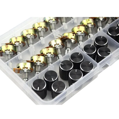 Miniatura 2 de WMYCONGCONG 20 PCS B10K 10K Ohm eje moleteado lineal rotatorio potenciómetro cónico con perilla negra (WH148) Kit
