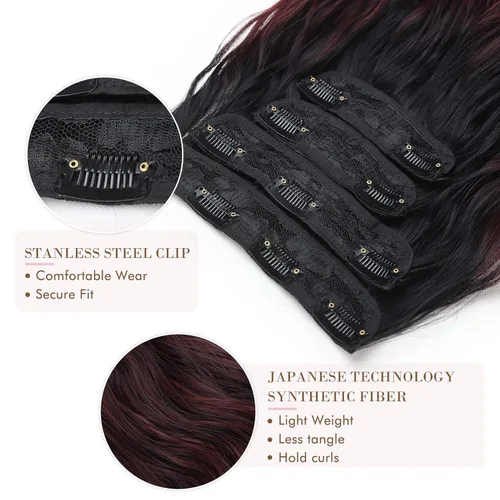 Miniatura 3 de REECHO Extensiones de cabello, 4 piezas de extensiones de cabello con clip HE001, piezas de cabello sintético natural suave para mujer, color Negro