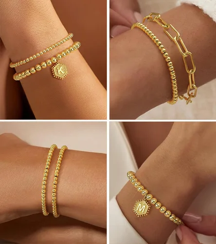 Miniatura 4 de doubgood - Pulseras de cuentas doradas para mujer, apilables, elásticas, chapadas en oro auténtico de 14 quilates, con dije de letras