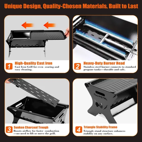 Miniatura 6 de Foldable 3-in-1 Charcoal Wood Gas Camping Grill with Pull-Out Removable Griddle Plate & Carry Bag, Portable BBQ Fire Pit Grill for Backpacking