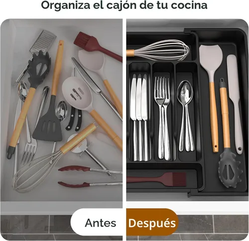 Miniatura 6 de ukeetap Organizador de cubiertos expandible extragrande, sin BPA, apto para alimentos, organizador de cajones de utensilios de cocina, soporte Negro