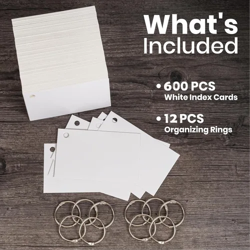 Miniatura 3 de Tarjetas de índice, 600 tarjetas flash perforadas de 3 x 5 pulgadas con 12 anillos organizadores, tarjetas blancas para estudiar, tarjetas de notas