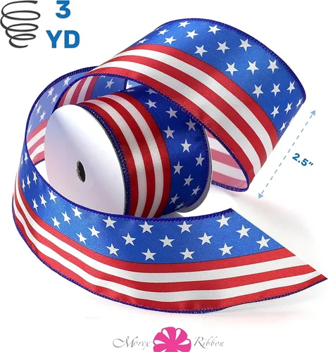 Miniatura 2 de Morex Ribbon Carrete de cinta de satén con alambre de estrellas y rayas, 2-1/2 pulgadas por 3 yardas, rojo/blanco/azul Estrellas y rayas con cable