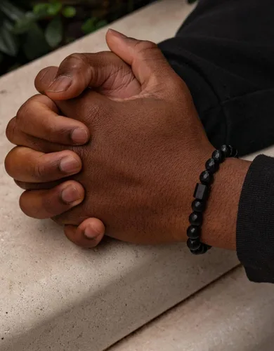 Miniatura 5 de Forge & Foundry Pulsera de cuentas para hombre, ajuste totalmente ajustable, ónix negro, hematita plateada, jaspe, joyería refinada hecha a mano