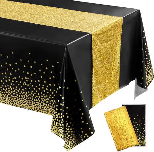 Irenare Juego de Mantel y Camino de Mesa con Lentejuelas, Diseño de Lunares y Confeti, Cubierta de Mesa de Plástico con Purpurina, Decoraciones para