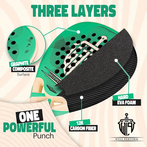 Miniatura 7 de Pala de pádel de fibra de carbono – Pala De Padel ligera con superficie de carbono de 12 quilates, núcleo de espuma viscoelástica EVA y agarre Verde