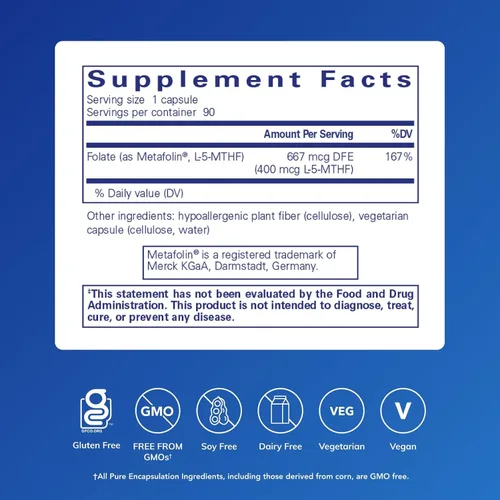Miniatura 2 de Pure Encapsulations Folate 400 Suplemento de Metafolin L-5-MTHF para apoyar la salud cardiovascular, celular y neural* 90 cápsulas