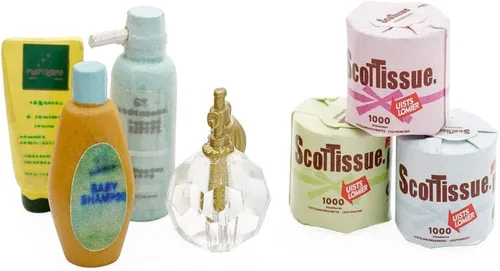 Odoria Rollos de papel higiénico miniatura 1/12 y champú Perfume casa de muñecas Accesorios de baño